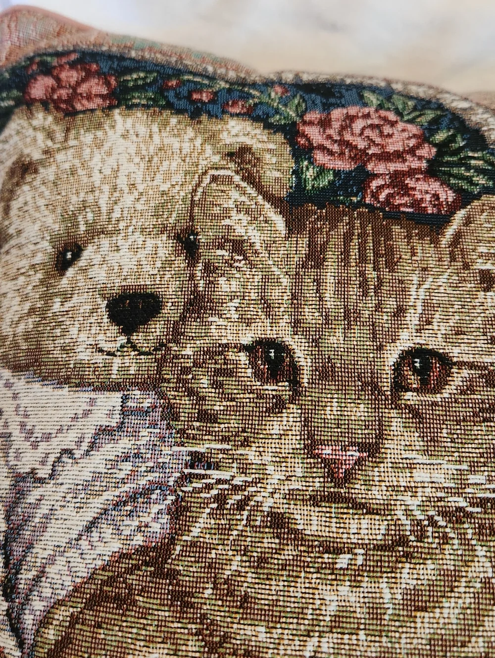 Vintage Cat Tapestry Pillow Cottagecore Floral Needlepoint Style Throw